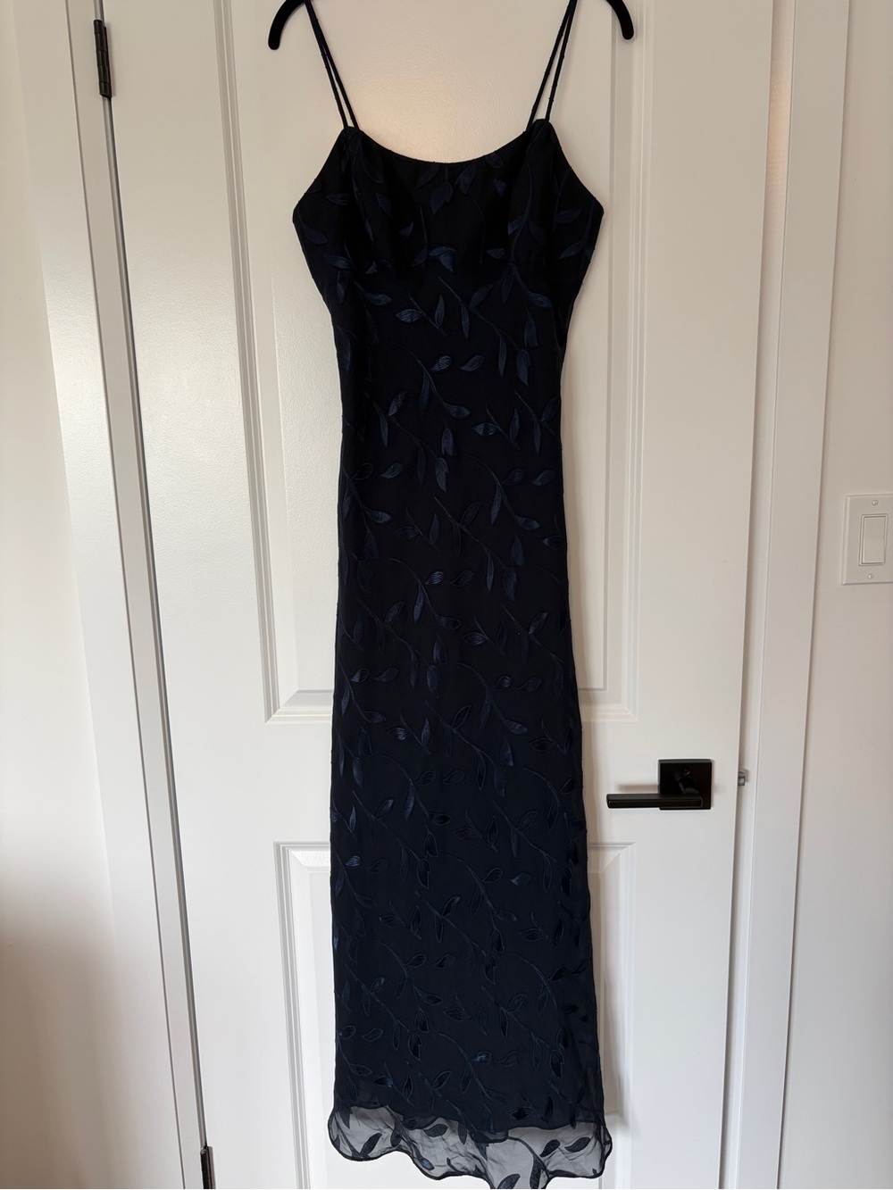 Vintage Navy Blue Leaf-Print Slip Dress